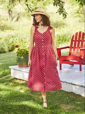 April Cornell Molly Dot Dress Cotton NEW Button Front Shoulder Ties Back Tie LG